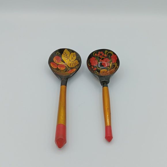 Vintage Khokhloma Russian Wooden Lacquer Hand Painted Spoons - Picture 4 of 7